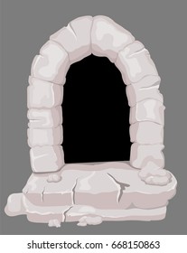 Stone entrance, stone arch, open door, cartoon vector illustration