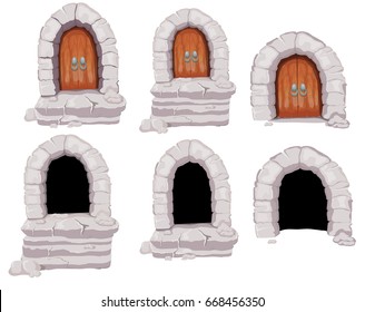 Stone entrance, stone arch, open door, cartoon vector illustration