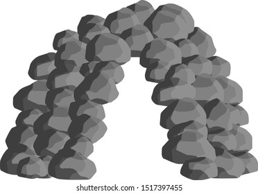Stone entrance to cave. Element of mountains and nature. Construction of cliff and cobblestone. home of primitive man. Stone arch
