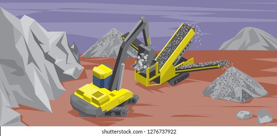 Stone Extraction, Surface Mining. Excavator Loads Stones In A Crushing Machine. Panoramic View Of Stone Quarry. Vector