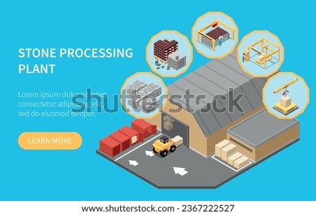 Stone factory isometric concept with marble and granite processing plant vector illustration