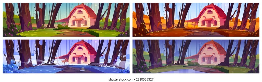 Stone Farm House On Forest Glade In Different Seasons. Winter, Summer, Spring And Autumn Landscape Of Deep Woods With Forester Home, Vector Cartoon Illustrations Set