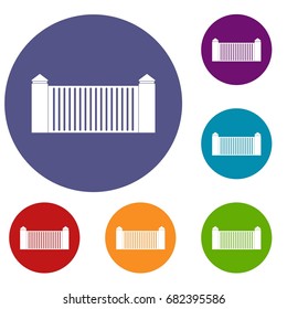 Stone fence icons set in flat circle red, blue and green color for web