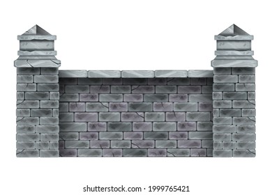 Stone Fence Vector Illustration, Gray Brick Wall, Cartoon Rock Column, Garden Barrier 2D Clipart. Outdoor Security Exterior Element Front View, Mansion Boundary. Home Stone Fence Isolated On White