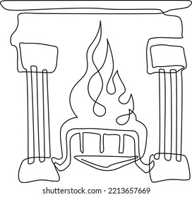Stone fireplace with a burning fire inside. Traditional decoration of the house for the new year. Continuous line drawing, vector illustration.