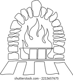 Stone fireplace with a burning fire inside. Traditional decoration of the house for the new year. Continuous line drawing, vector illustration.