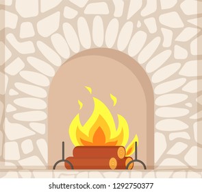 Stone fireplace with burning firewoods, granite bonfire hearth vector closeup. Luxury bonfire, flame and logs, white bricks, home interior furniture piece