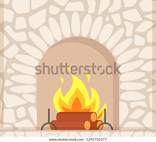 Stone Fireplace Burning Firewoods Granite Bonfire Stock Vector