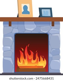 Stone fireplace burning flames wooden photo frames cozy warm fire interior design illustration. Cartoony vibrant blue stone fireplace orange yellow flames brown wooden. Indoor