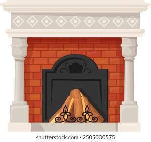 Stone fireplace. Cartoon interior heat stove icon isolated on white background