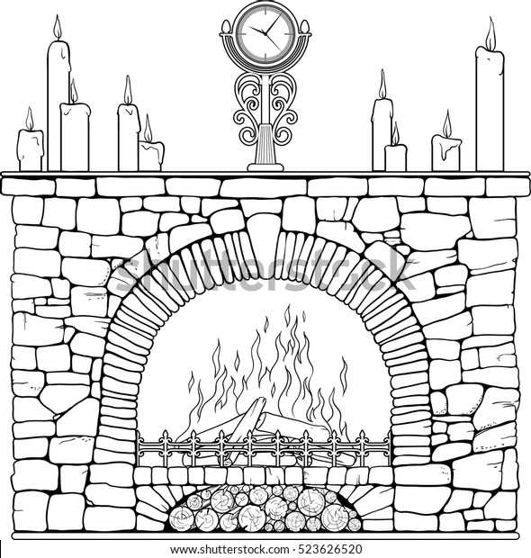 Stone Fireplace Clock Candels Coloring Page Stock Vector (Royalty Free ...