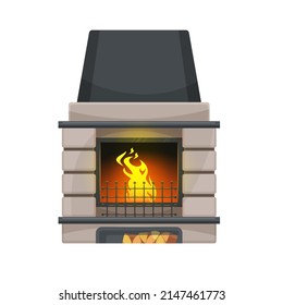 Stone fireplace with firewood. Home isolated vector classic open hearth, dwelling modern fireplace or house heating equipment with fire flame, grates and wood chunks in storage