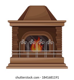 Stone Fireplace or Hearth with Mantelpiece and Burning Fire Vector Illustration