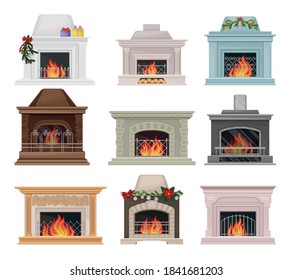 Stone Fireplace or Hearth with Mantelpiece and Burning Fire Vector Set