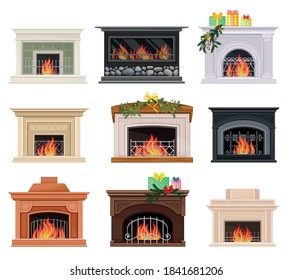 Stone Fireplace or Hearth with Mantelpiece and Burning Fire Vector Set