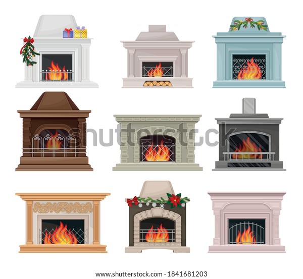 Stone Fireplace or Hearth with Mantelpiece and\
Burning Fire Vector Set