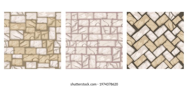 Stone floor cartoon seamless pattern collection, vector rock tiles texture set, brick wall background. Nature pavement ground material, old street blocks, mosaic roadway design. Stone floor surface