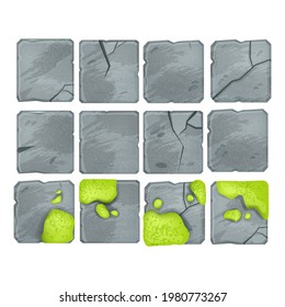 Stone floor pavement tiles set, vector rock square blocks isolated on white, moss, cracked mosaic. Nature game texture objects, walkway material collection. Ancient stone tiles top view illustration