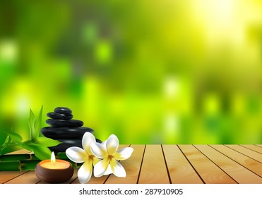 stone, flower, wax and bamboo background on the wood. vector