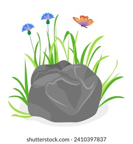 Stone with flowers. Landscape design, boulders with plants, nature rocks cartoon vector illustration