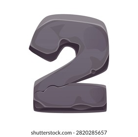 Stone font type number 2 rock typeface for cartoon ABC typography numbers and letters of English alphabet. Stone font number 2 two of rocky boulder or mountain rock or concrete piece of caveman stone