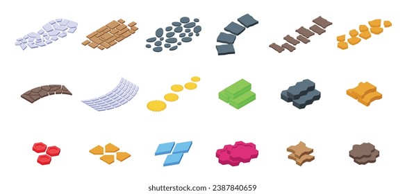 Stone footpath icons set isometric vector. Yard house. Forest old nature