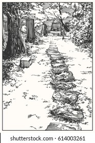 Stone footpath in the Japan garden. Black and white dashed style sketch, line art, drawing with pen and ink.