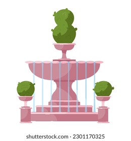 
Stone fountain with elements of green plants. Three level fountain, street decoration, architecture vector Illustration on a white background