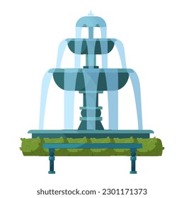 Stone fountain with elements of green plants and a park bench. Decoration of street, park, garden, architecture vector Illustration on a white background