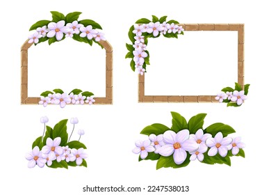 Stone Frame with floral elegant decoration, flowers and leaves in cartoon style, border isolated on white background. 