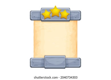 Stone frame with parchment paper, gold stars in cartoon style, level achievement game screen isolated on white background. Menu, victory template. Empty gui asset, signboard.