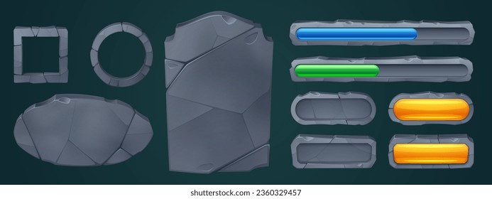 Enfoque de piedra y juego de tablero de rock ui vector de dibujos animados. Plantilla de diseño de barra de progreso de placa medieval y carga. Bloque de cartón de señalización aislado para el menú con textura de crack. Juego de iconos de placa de información en blanco