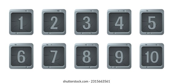 Stone frames border for game user avatar. Vector cartoon set of square rock boards with number