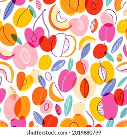 Stone fruits in abstract style, super bright and colorful vector summer seamless pattern