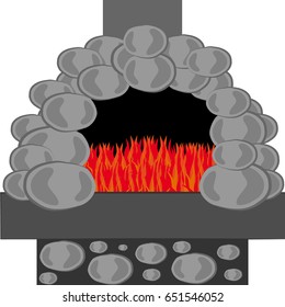 Stone furnace with fire isolated on white background. Vector illustration.