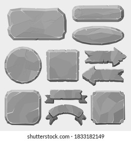 Stone game boards. Granite rocks buttons, grey stone banner, arrows and panels, stone ui elements for game design vector illustration symbols set. Interface buttons for application