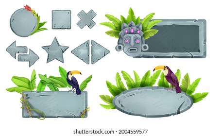 Stone game button set, jungle rock UI design element collection, toucan, tropical leaf, maya tiki mask. Gray boulder sign board, liana, star, Aztec totem face, mobile app frame. Stone button on white