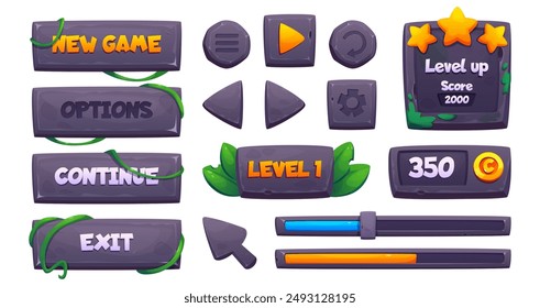 Stone game buttons set for ui design. Vector cartoon illustration of rock boards with green lianas and moss, level menu, options, settings borders, score star signs, equalizer bar and cursor arrow