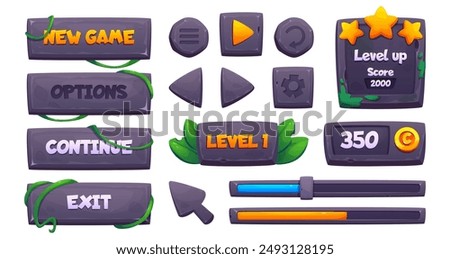 Stone game buttons set for ui design. Vector cartoon illustration of rock boards with green lianas and moss, level menu, options, settings borders, score star signs, equalizer bar and cursor arrow