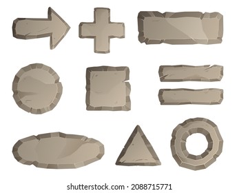 Stone game design elements. Stone frame. Rubble rocks banner, stones block arrows and gravel rock tablet frames isolated vector set