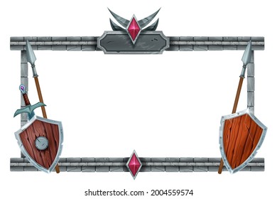 Stone Game Frame, Brick Medieval RPG Interface Menu, Wooden Knight Shield, Spear, Metal Sword. Fantasy Warrior Quest Panel, Ancient Viking Decorative Border. Weapon Game Frame Window Design Element