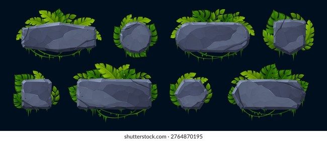 Stone game frame with jungle vines and ancient aztec texture. Cartoon UI elements of rock buttons, boards and fantasy border designs. Tropical leaf decorations with stone tablet panels for RPG menu.