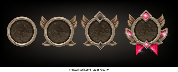 Stone game frame set, vector UI fantasy mobile app reward kit, medieval level up user avatar circle. RPG rock round ranking sign collection, fairy panel design element. Ancient game frame award icons