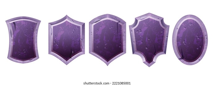 Stone game frame set, vector UI fantasy viking shield border, medieval RPG rock purple assets kit. Magic level interface design objects, menu sign board, user tablet collection. Stone frame template 