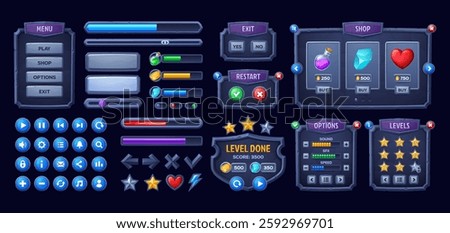 Stone game interface, Medieval UI game buttons and assets, vector GUI elements. Arcade game menu and interface elements with stone buttons and assets of scores, energy or life and power levels