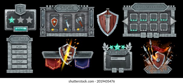 Stone game interface menu design elements kit, gray rock frame panel, award badge, wooden shield. Medieval knight weapon, level selection background, VS sign team banner. Isolated stone UI game set