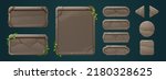 Stone game menu boards with vines. Tablets, buttons, cartoon interface plaques, frames and arrows of rocky texture with tropical lianas. Ui or gui design elements. Isolated user panel keys, Vector set
