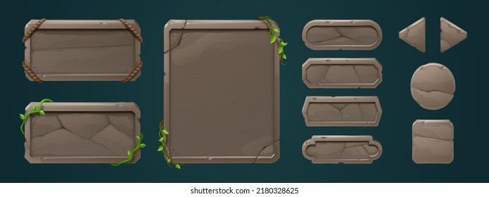 Stone game menu boards with vines. Tablets, buttons, cartoon interface plaques, frames and arrows of rocky texture with tropical lianas. Ui or gui design elements. Isolated user panel keys, Vector set