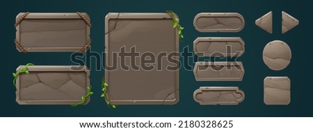 Stone game menu boards with vines. Tablets, buttons, cartoon interface plaques, frames and arrows of rocky texture with tropical lianas. Ui or gui design elements. Isolated user panel keys, Vector set