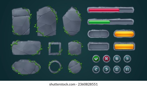 Stone game menu elements - cartoon rock gui boards and buttons with liana vines. Cartoon vector user interface frames, round and rectangular banners and level bars with stony texture and jungle plants